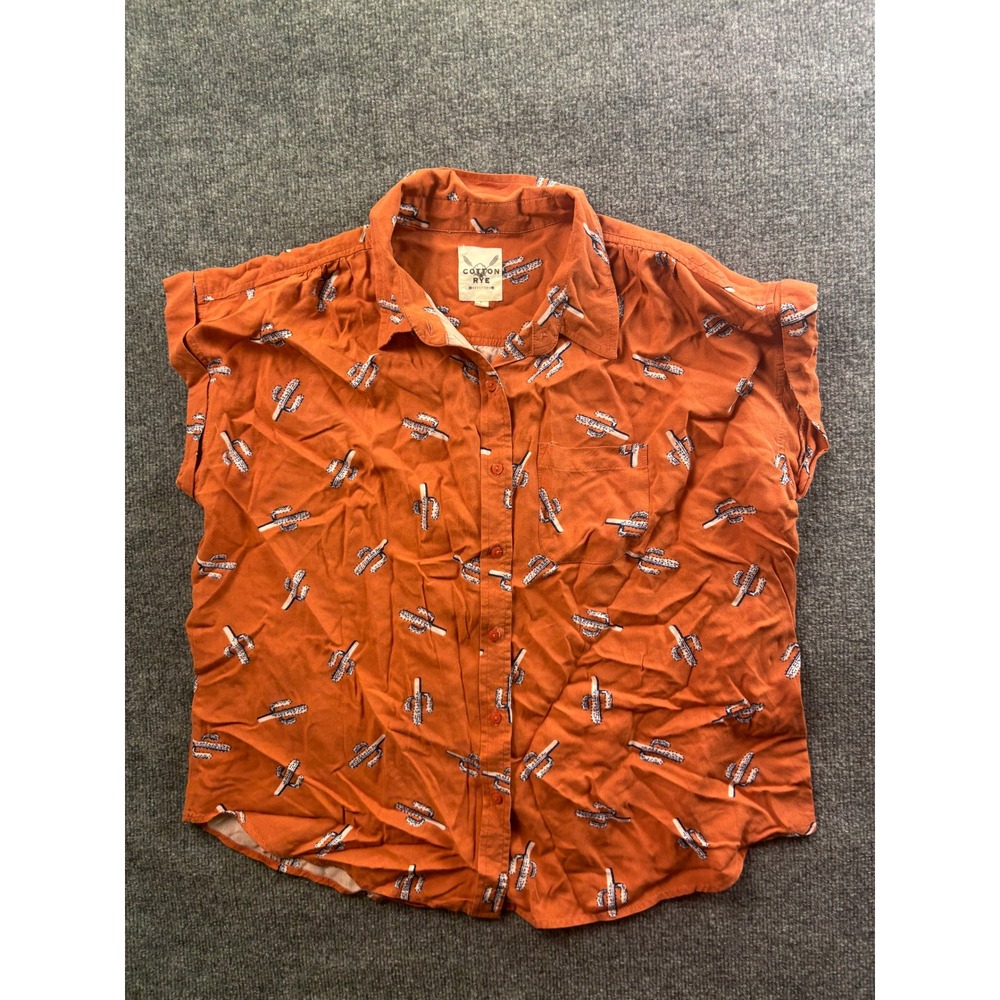 Cotton Rye Button Down Top Womens Large Orange Cactus Print Short Sleeve Rayon